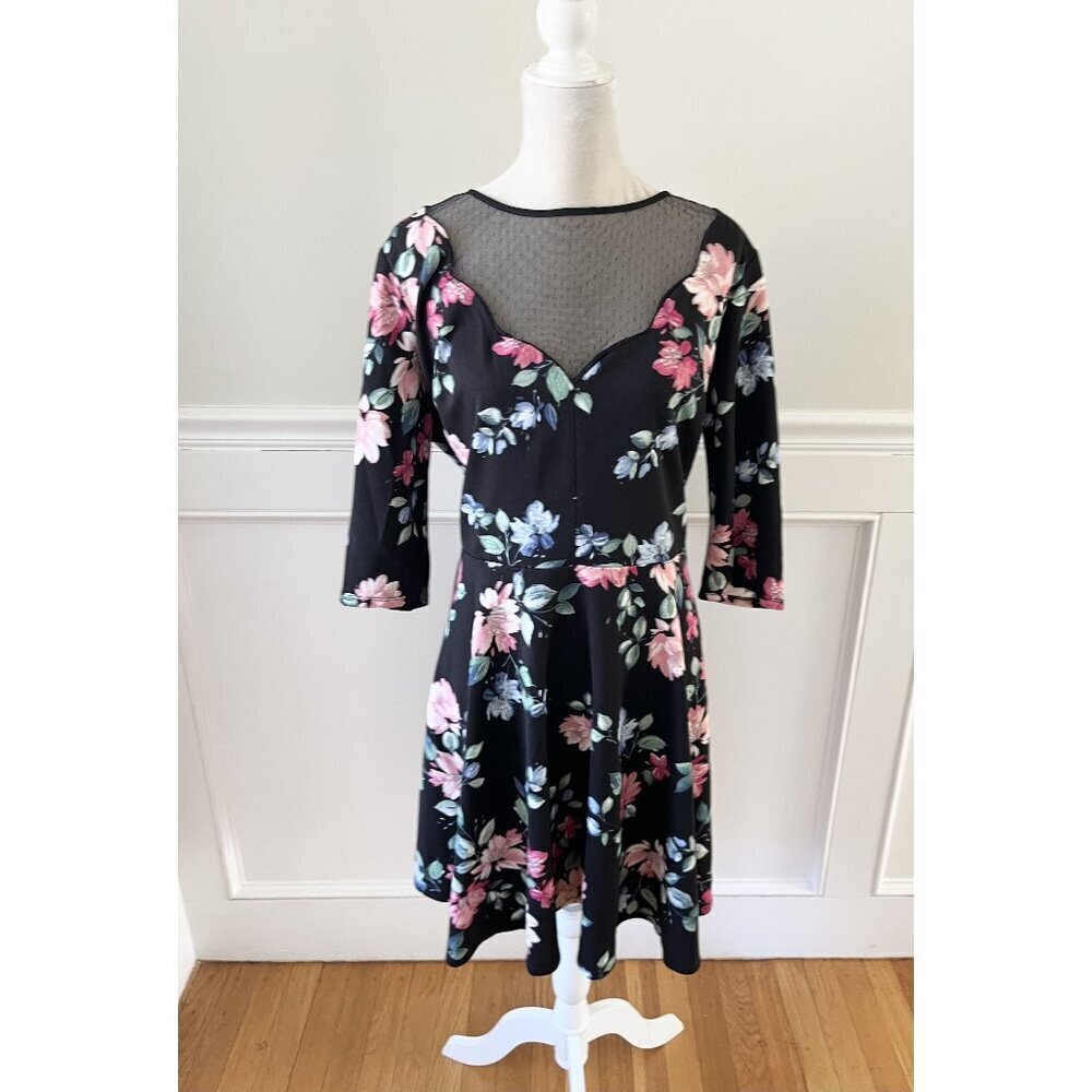 City Studio Womens Floral Fit & Flare Dress Size 18 Black Mesh Insert 3/4 Sleeve